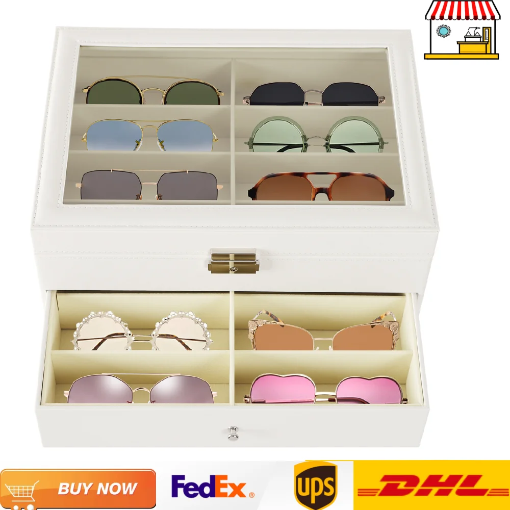 

Multiple Storage Glasses Case PU Leather MDF Eyeglasses Display Case Sunglasses Storage Box White/Black