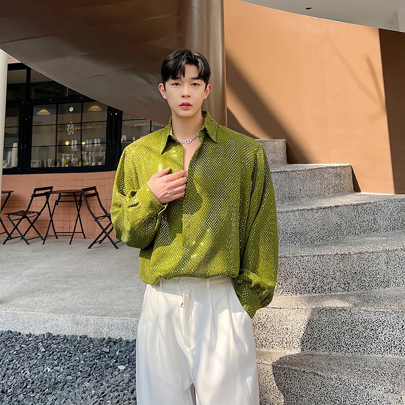 

Модная рубашка с длинными рукавами и пайетками, унисекс, в корейском стиле, для выступлений, в уличном стиле, для певцов, молодежная, всесезонная.