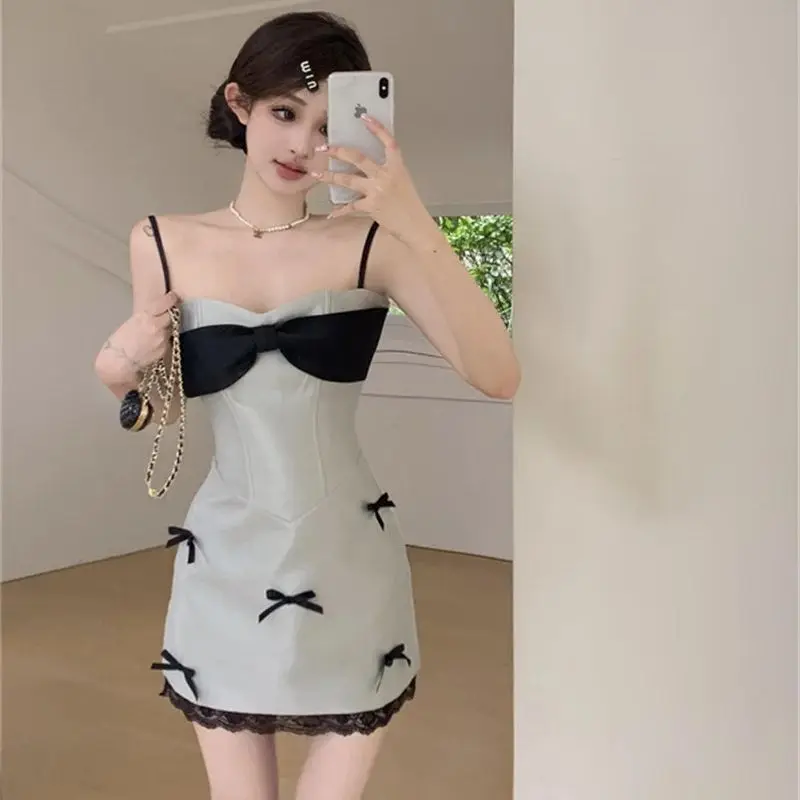 2024 New Style Buttocks Wrapped Long Dress Holiday Style Butterfly Contrasting Color Chest Cup Suspender Dress For Women