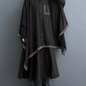 원피스 여성용 오버사이즈 용수철 미디 셔츠, 리벳 패치워크 패션, 불규칙한 주름 여성 블라우스, 한국 루즈 캐주얼 여성 상의 