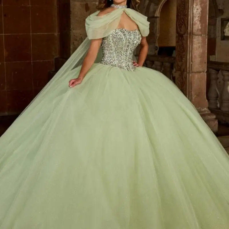 

Glitter Sage Green Quinceanera Dress Ball Gown Lace Applique Beading Crystal With Cape Sweet 16 Vestido De 15 Anos