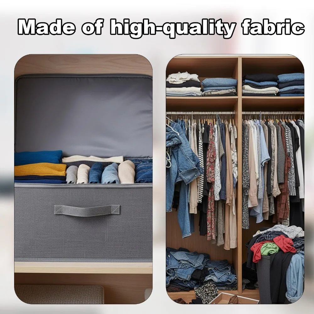 Premium Linen Like Fabric Storage Box Foldable Wardrobe Organizer with Sturdy Board Support Large Zipper Bin for Clothes Sweater