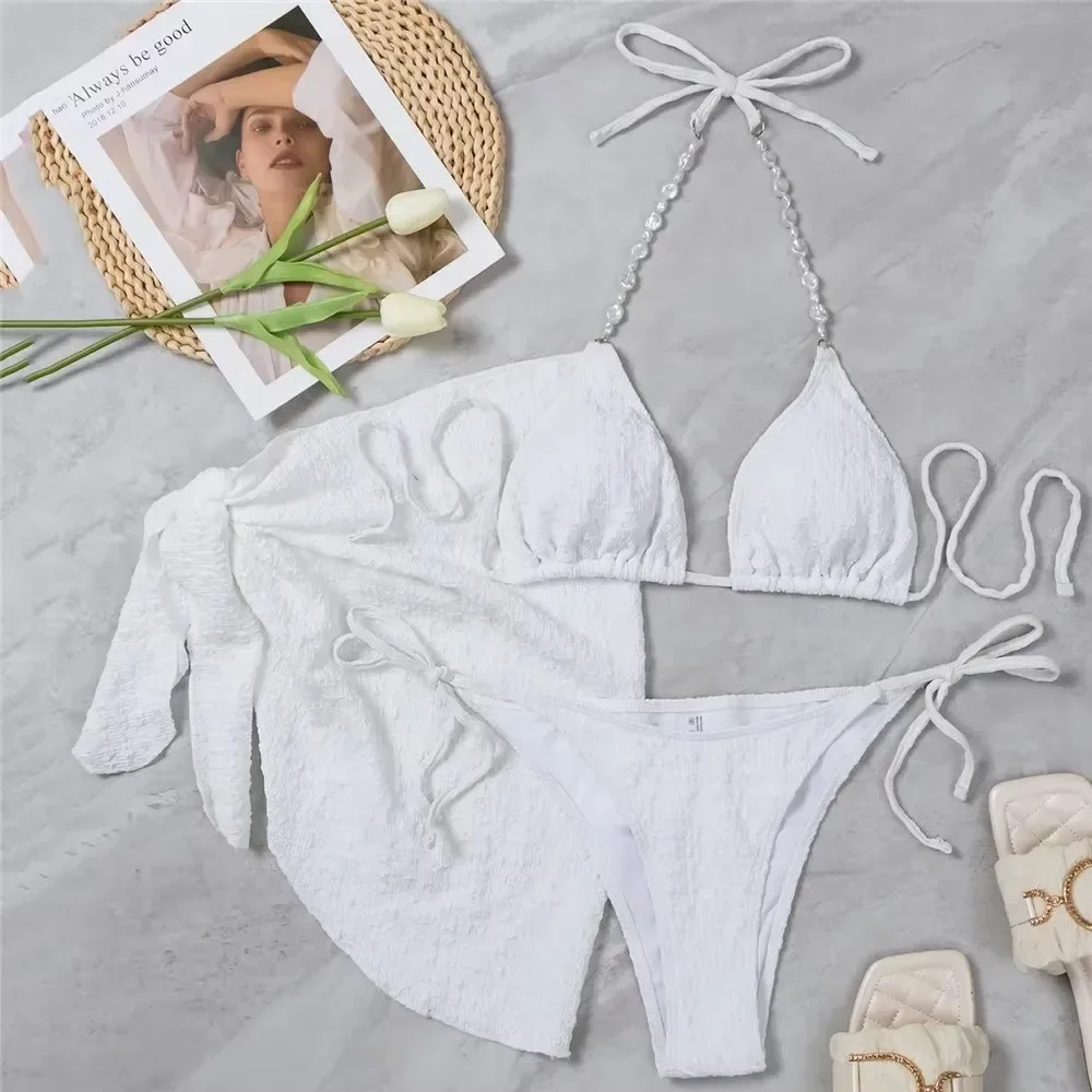 Traje de baño con cuello Halter y cordón de perlas para mujer, conjuntos de Bikinis con cubierta, microtanga de 3 piezas, traje de baño Sexy, traje de baño, Bikini, ropa de playa