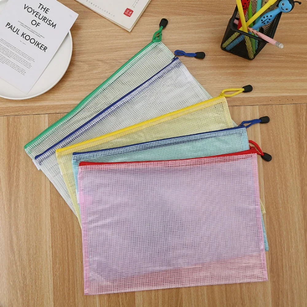 5 pcs Stationery Storage Folder File Mesh Zipper Pouch A5 mix color Document Bag Zip File Folders School Office Supplies