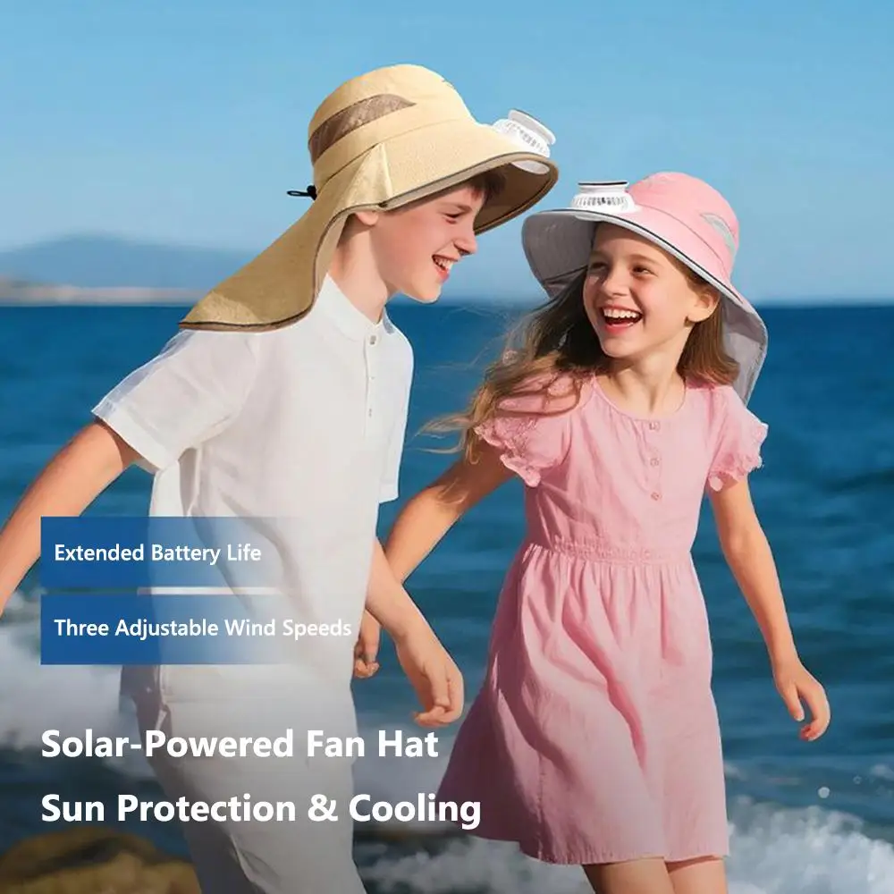 

Lightweight Wide Brim Kids Sun Hat Cooling With Neck Flap Solar Powered Fan Hat Breathable Sunshade Cap for Boys & Girls