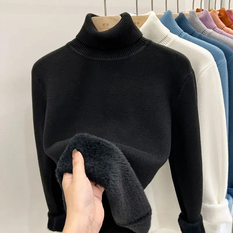 High Necked Sweater for Women with Plush and Thickened 2023 Autumn and Winter New Age Reducing Base Sweater Warm Knit Top