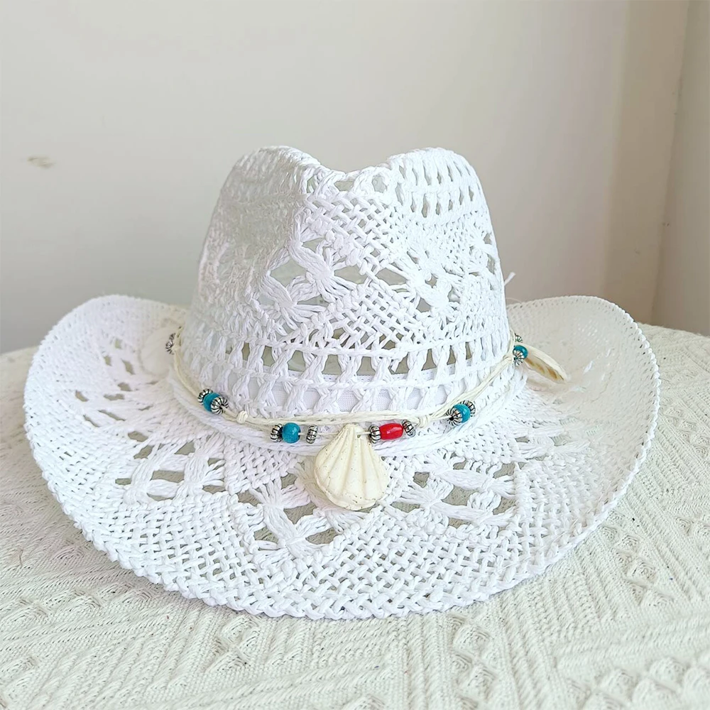 

Новая женская летняя соломенная шляпа ручной работы с ажурным плетением и декоративными элементами, пляжная шляпа от солнца, панама, женская ковбойская шляпа