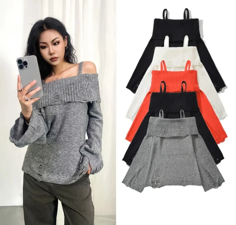 

Вязаный свитер на бретельках с открытыми плечами и длинными рукавами, пуловер, модный повседневный шикарный женский свитер