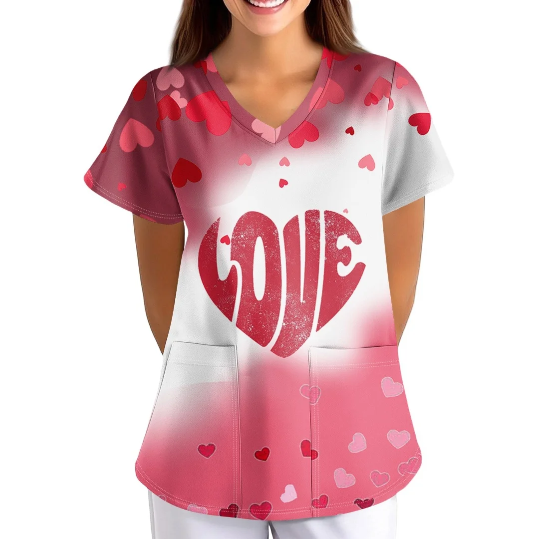 عيد الحب المرأة فرك الأعلى قصيرة الأكمام الخامس الرقبة القلب طباعة قمصان التمريض العمل موحدة 2026 الطبية فرك تي شيرت جديد
