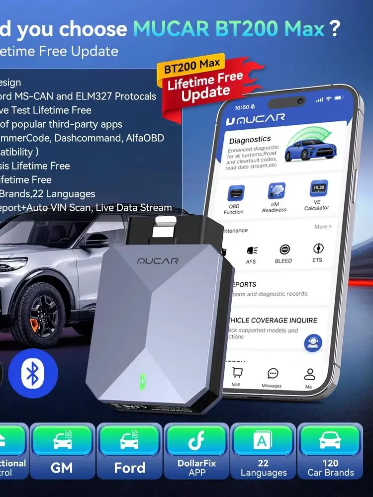 MUCAR BT200 MAX Auto OBD2 Scanner CAN FD Bidirektionales Diagnosegerät für Alle Systeme 15 Reset Funktionen MUCAR Kostenlose APP Lebenslange Kostenlose Updates
