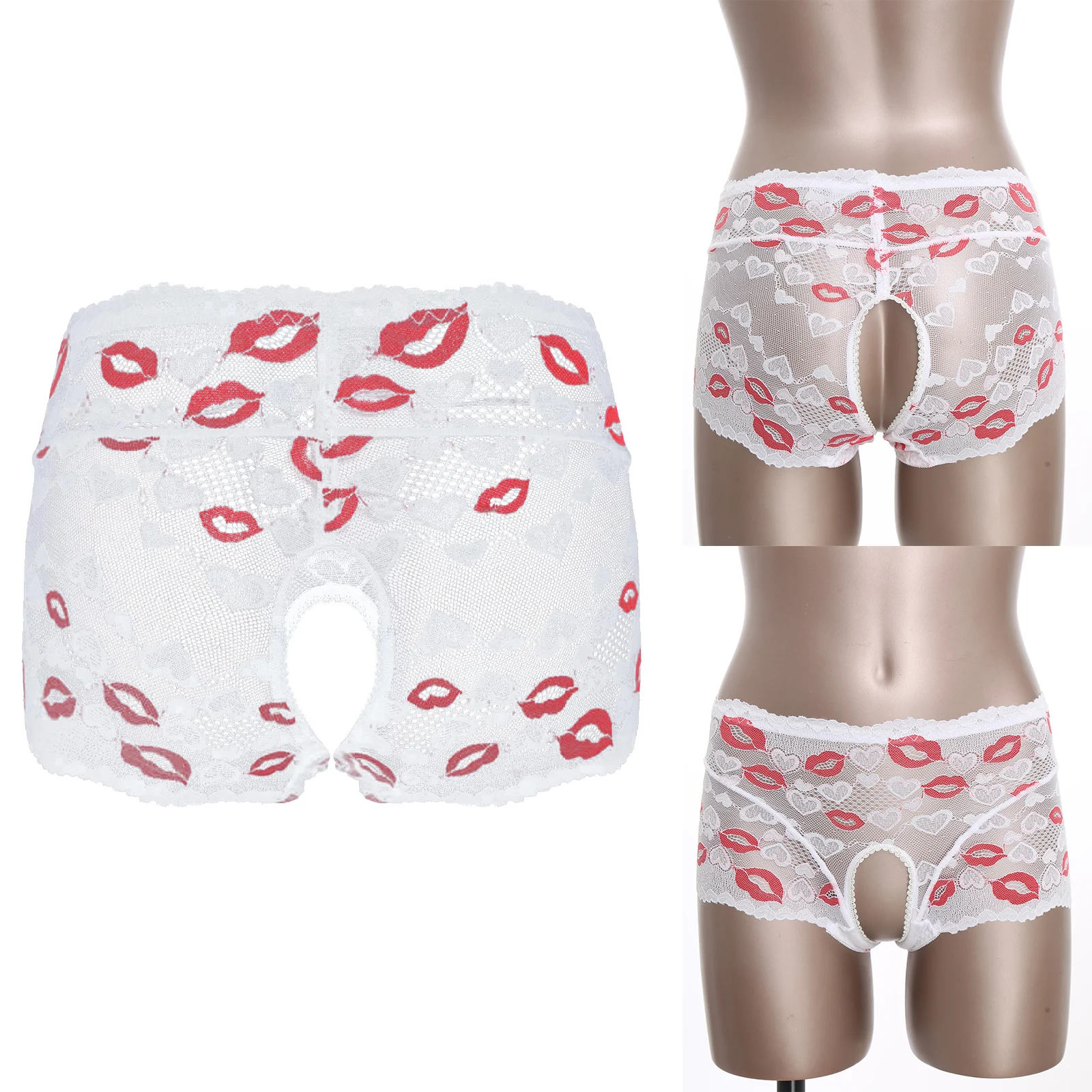 Celana Dalam Renda Pola Hati Bibir Wanita Celana Dalam Tembus Pandang Selangkangan Terbuka Pinggang Tinggi Lingerie Menggoda untuk Pakaian Bulan Madu Ulang Tahun