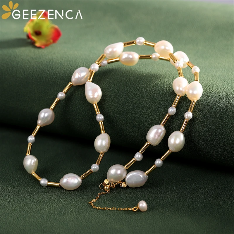 GEEZENCA Natural Baroque Pearl Beads 925 Silver 40cm Chokers Necklace For Women Luxury Trendy 18K Gold Necklaces 2023 New Gift