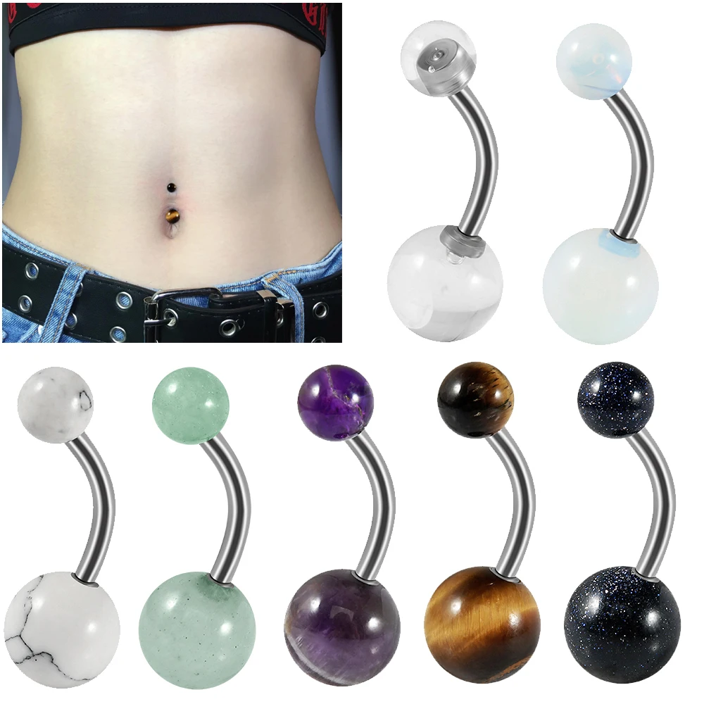1PC Stainless Steel White Crystal Stone External Threaded Belly Curved Button Rings Navel Belly Bar Piercing Body  Jewelry