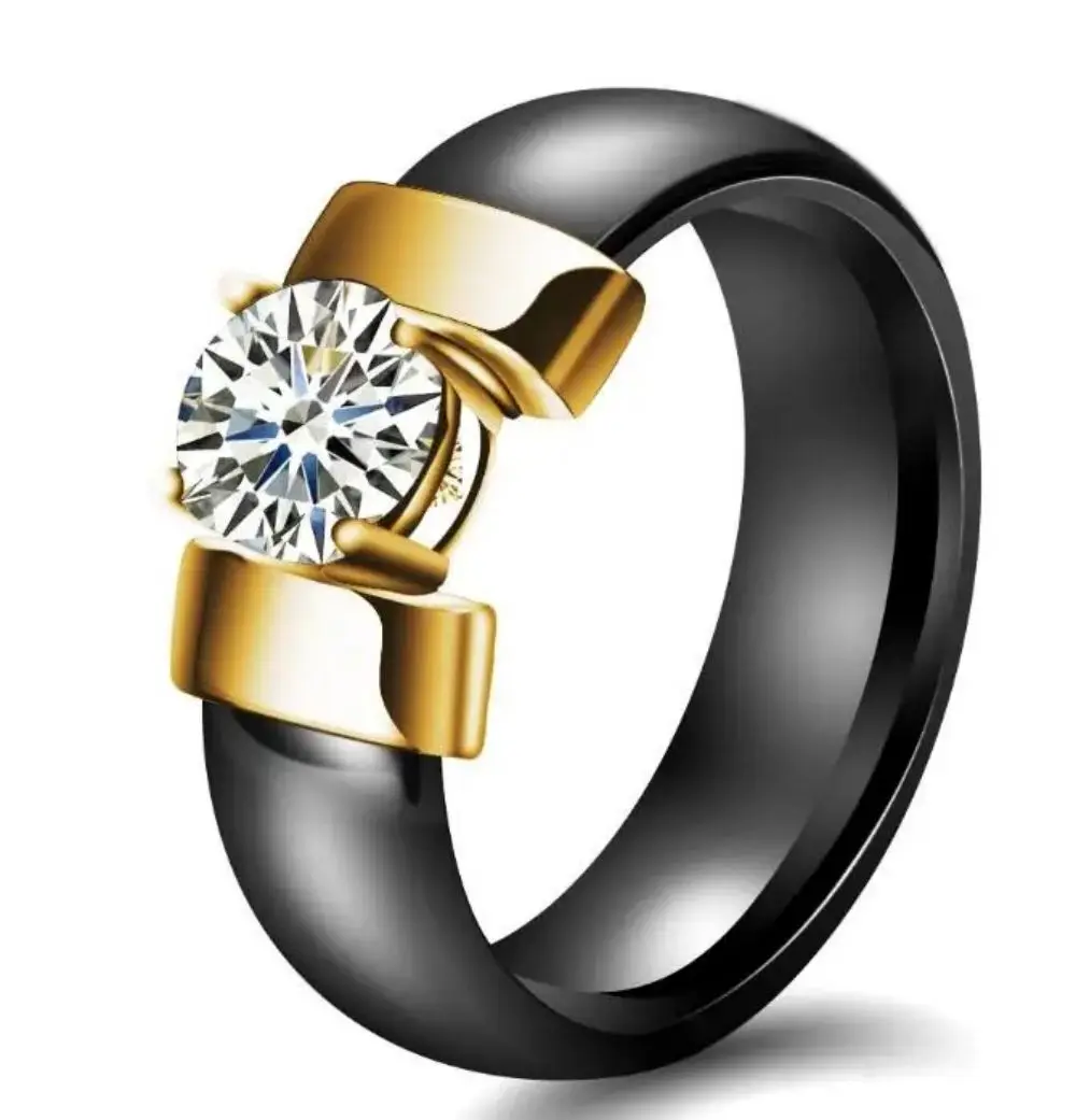 Weiß Schwarz Keramik Ringe Plus Zirkonia Für Frauen Gold Farbe Edelstahl Frauen Ehering Verlobungsschmuck 6mm – Detail 6