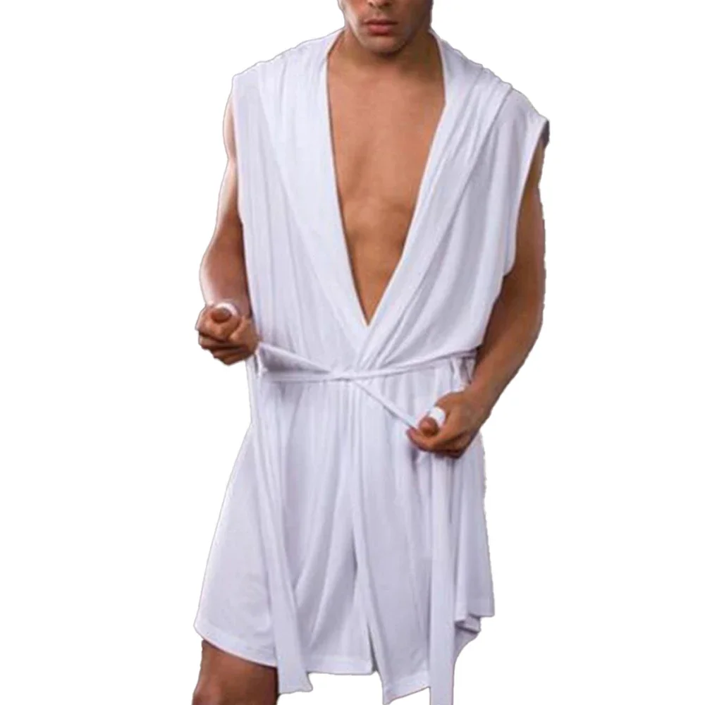 

Men Robes Breathable Bathrobes Nightgown Icy Silky Hooded Sleeveless Pajamas Fashion Homewear Sexy Sleepwear Casual Clothes