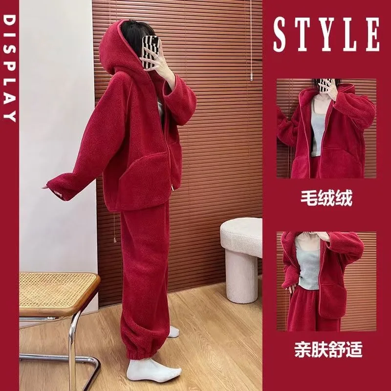 

Korean Version of New Year Red Coral Velvet Pajamas for Women Winter Thickened Fluffy Homewear Flannel Suit Can Be Worn Outside