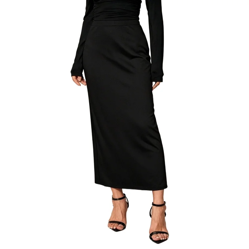 

Regular Fit Solid Color Skirt for Women 2026 Elastic Waist Casual Office Slimming Daily Midi Skirt