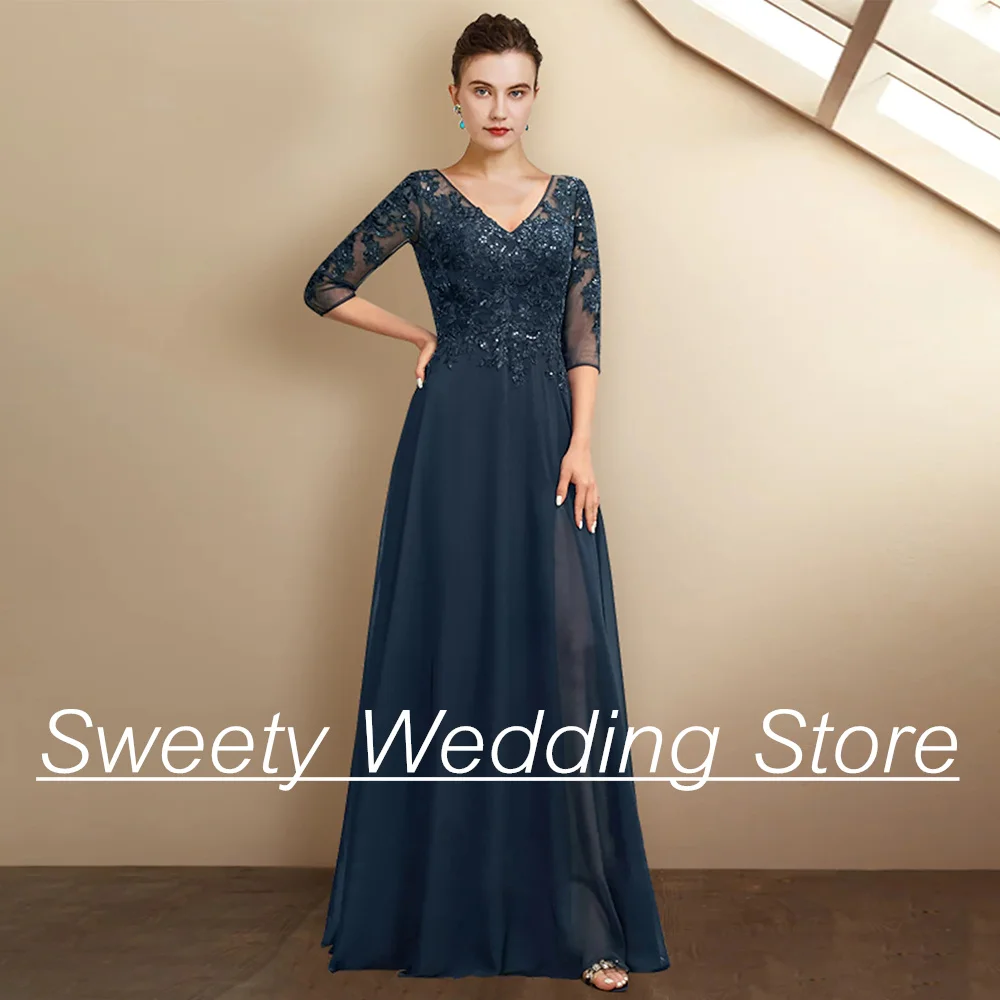 

Mother of The Bride Dress 3/4 Sleeves Sequined Applique Floor Length A Line Chiffon Wedding Guest Gown Woman Evening Dresses