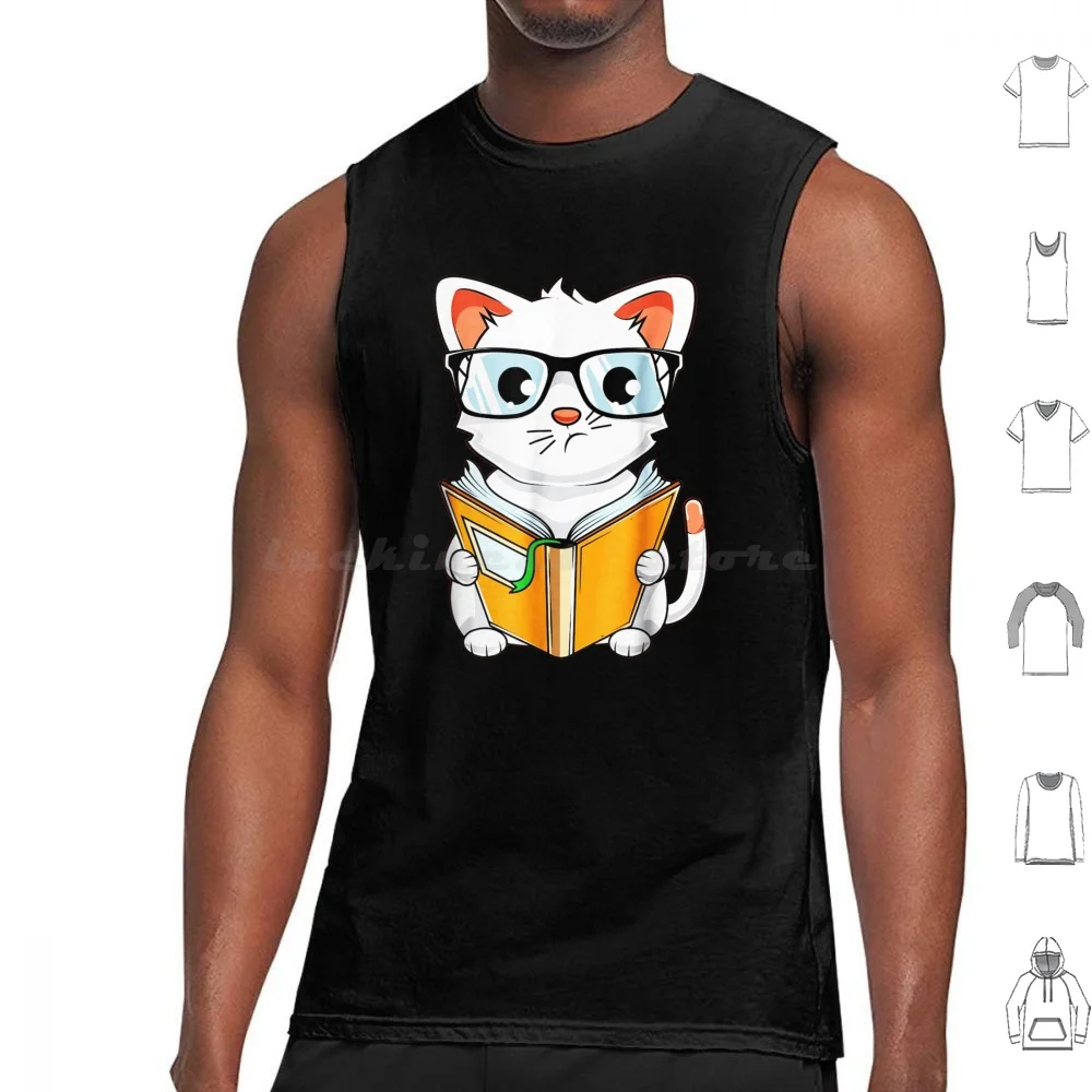 Funny Book Lover Cat Reading Book With Glasses Tank Tops Print Cotton Cat Cats Love Cat Book Books Book Nerd Bookworm