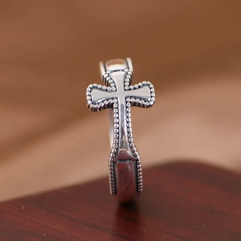 BOCAI New S925 Silver Ring Retro Simple Small and Artistic Cross Opening Ring Women's Style