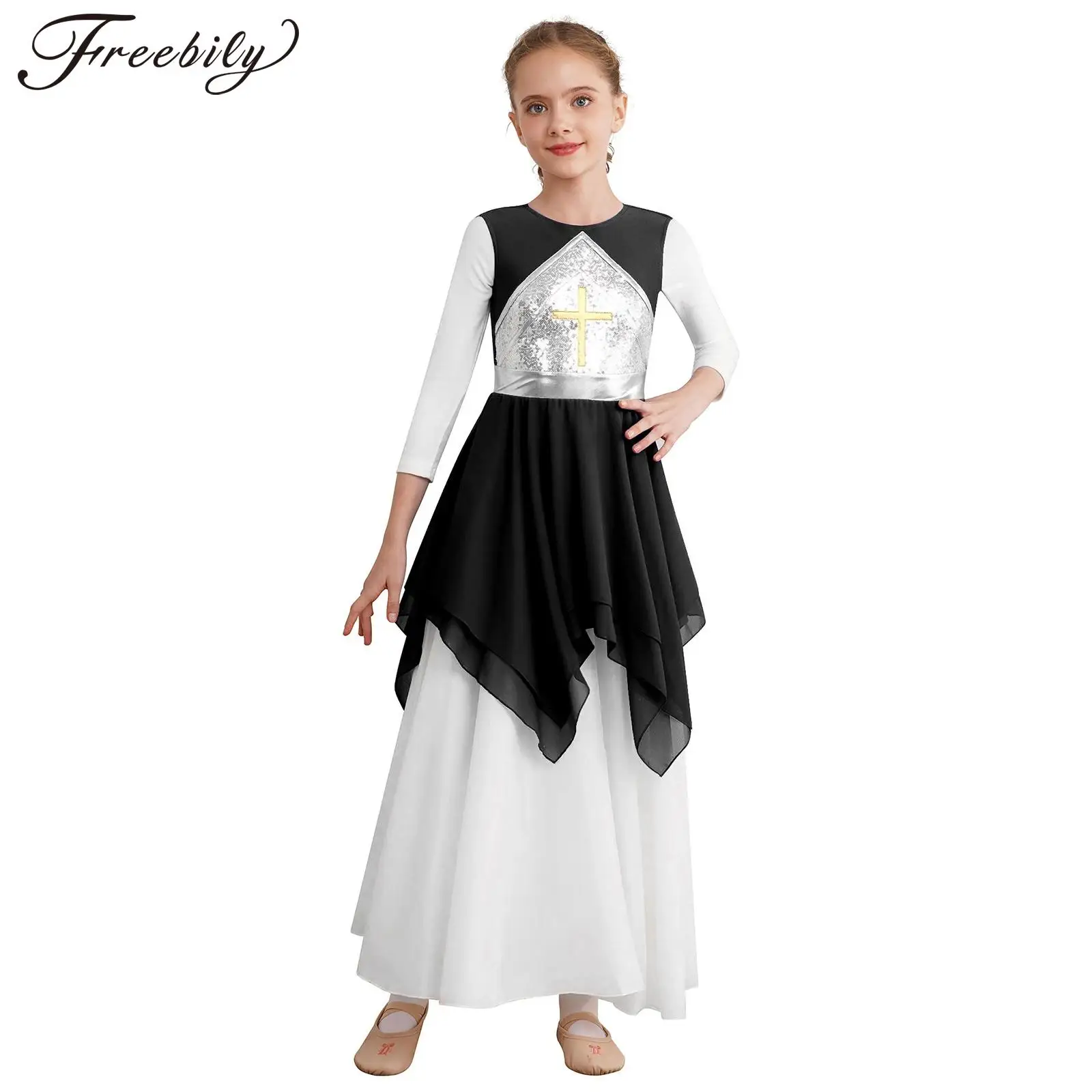 

Kids Girls Metallic Shiny Sequins Lyrical Dancewear Liturgical Choir Praise Modern Dance Costume Color Block Sleeveless Dresses