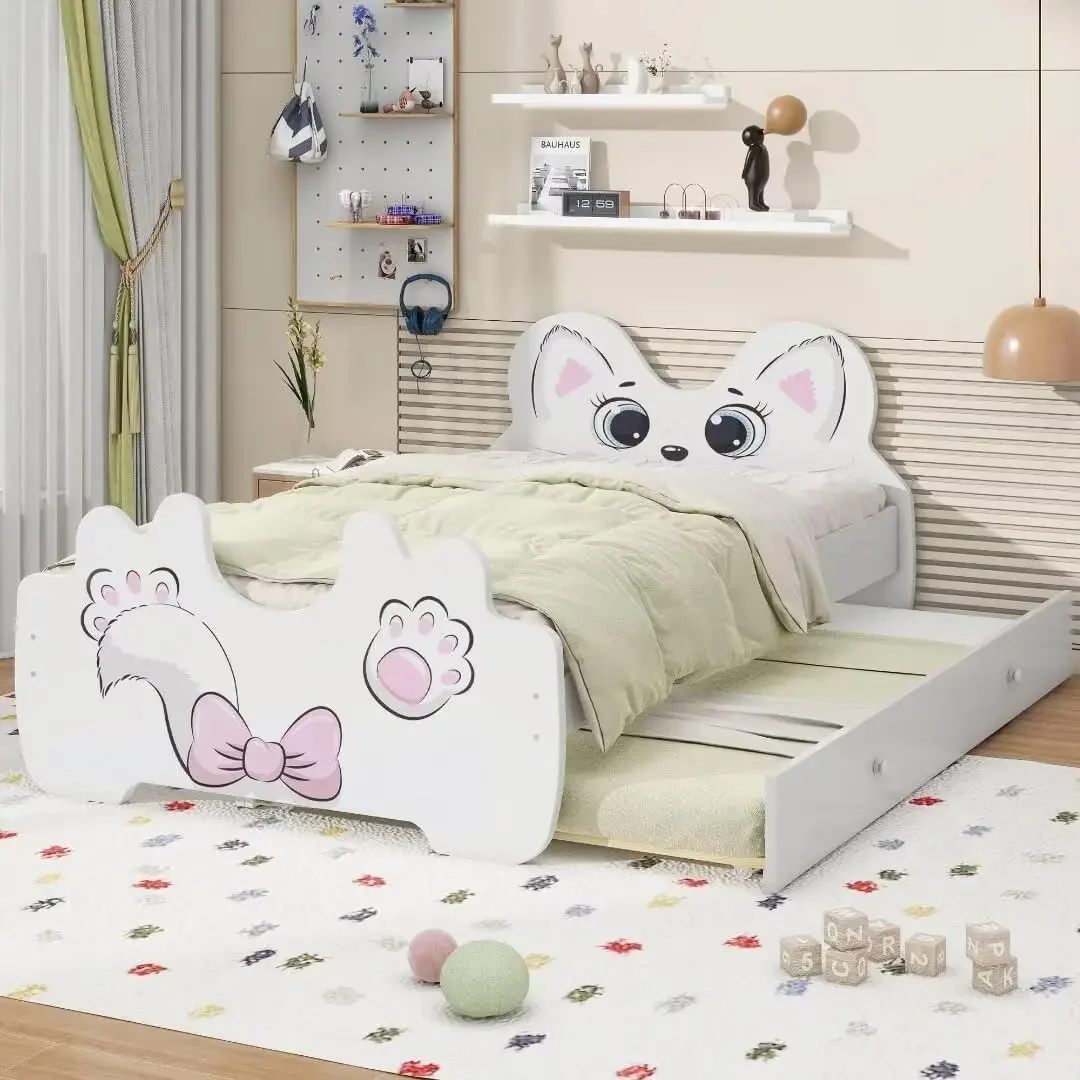 Twin Size Children Cat-Shaped Platform Bed with Trundle, Wooden , No Box Spring Needed, White