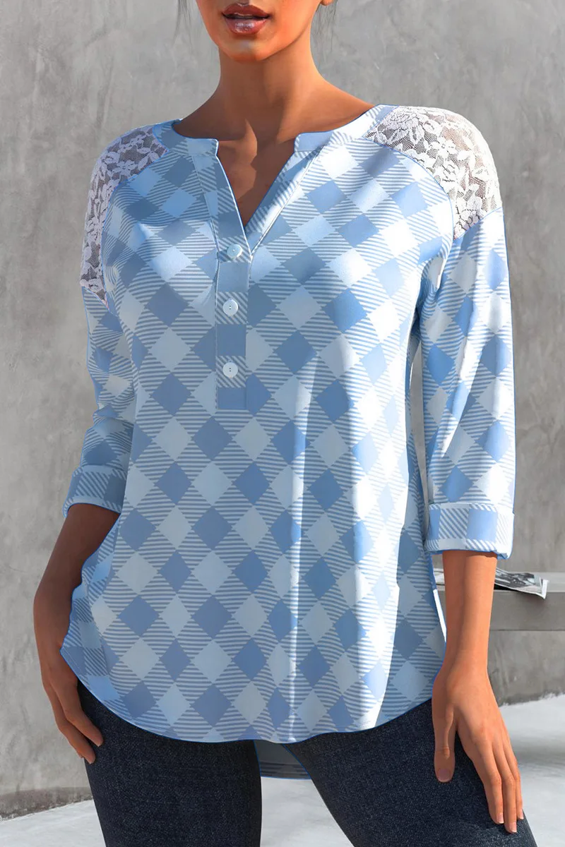 Picture 5: Plus Size Plaid Print Split Neck Button Up 3/4 Sleeve Lace Stitching Blouses