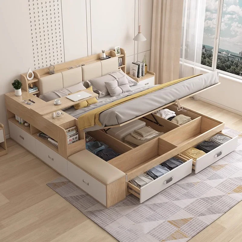 Multifonction Wood Bed Organiser Drawers Storage Bedroom Bed Modern Luxury Camas De Matrimonio Dormitorio Home Decoration