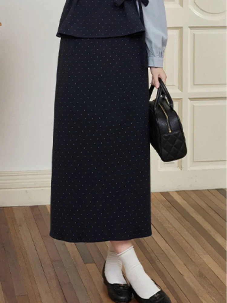 ALXNAN Navy Blue Skirt for Women All-match Polka Dot High Waist Straight Slim Bottoms 2024 Fall Winter Sold Separately L51773BSQ