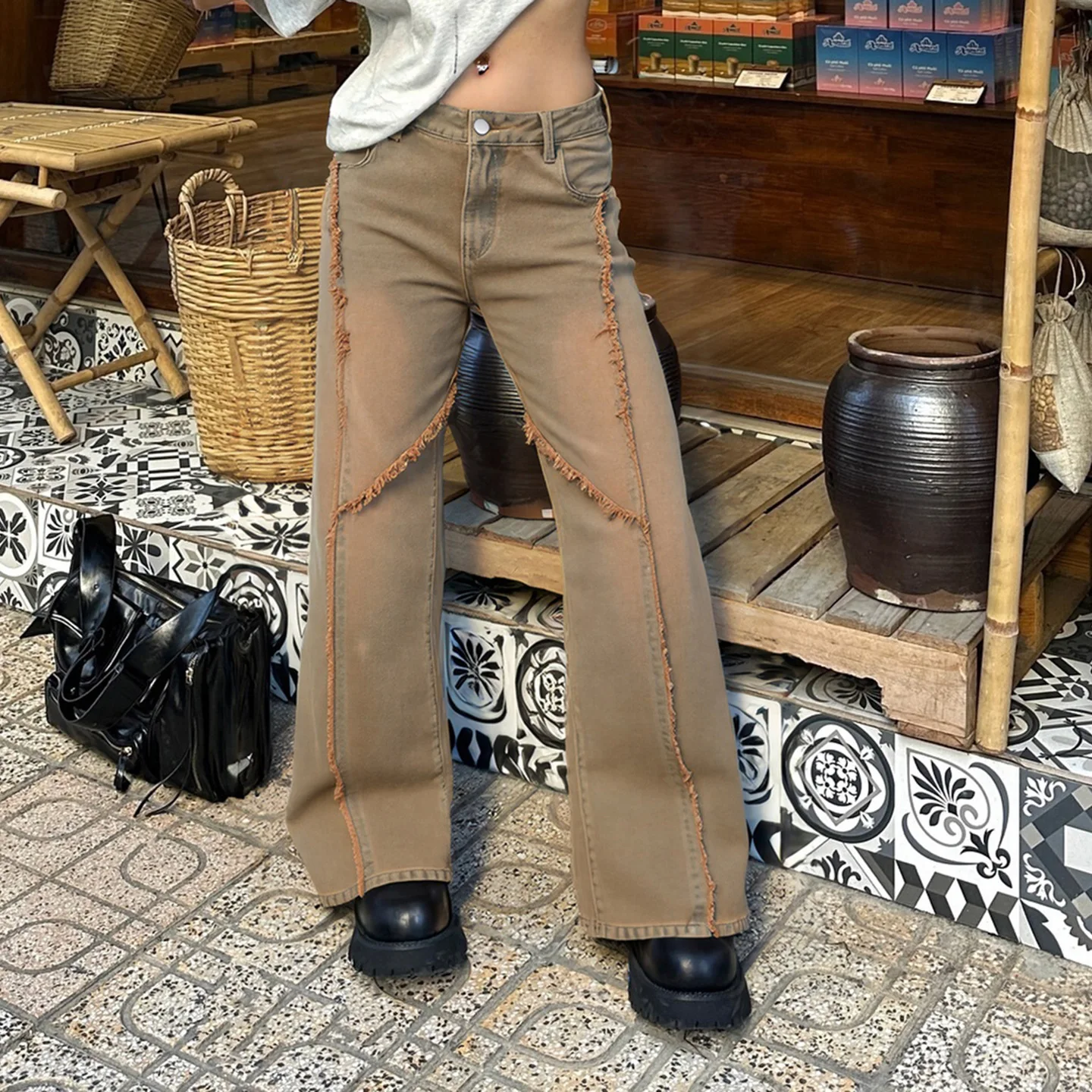 Y2K Vintage Jeans Fringe Straight Leg Loose Street Style for American and European Women