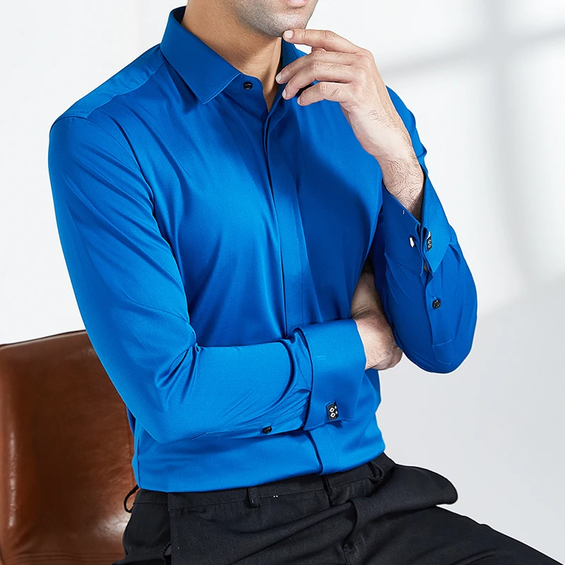8X camisa de estilo francés para hombre, ajustada, de manga larga, formal de negocios, fibra de bambú, talla grande, color sólido, vestido formal para hombre, gemelos