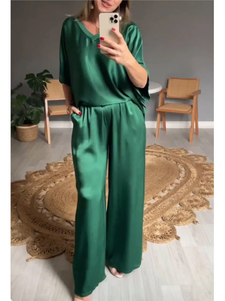 Spring Summer Fashion Solid Satin Two Piece Sets Women Sexy V-neck Short Sleeve Top + Wide Leg Long Pants Casual Two Piece Set