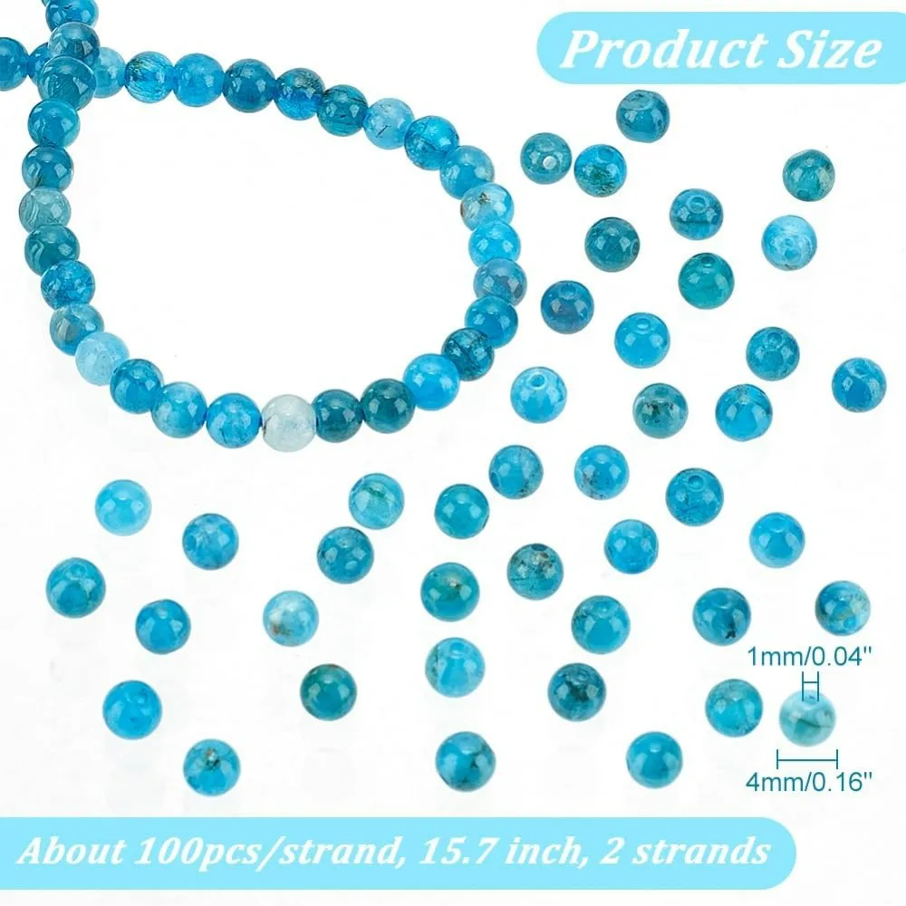 2 Strands About 186 Pcs Natural Apatite Beads 4mm Round Smooth Stone Bead Loose Gemstone Beads Spacer for DIY Crafts