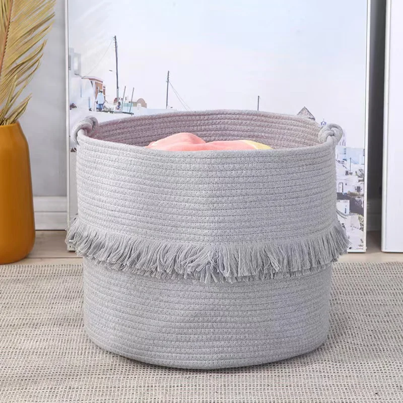 

Fringe Cotton Rope Laundry Basket Dirty Clothes Sundries Storage Bucket Children Kid Toy Storage Container 27x28cm