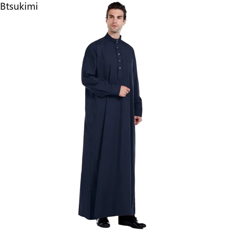 2025 Muslim Fashion Abayas for Men Solid Color Long Sleeve Kaftan Stand Collar Robe Thobe Jubba Dishdasha Thawb Islamic Clothing