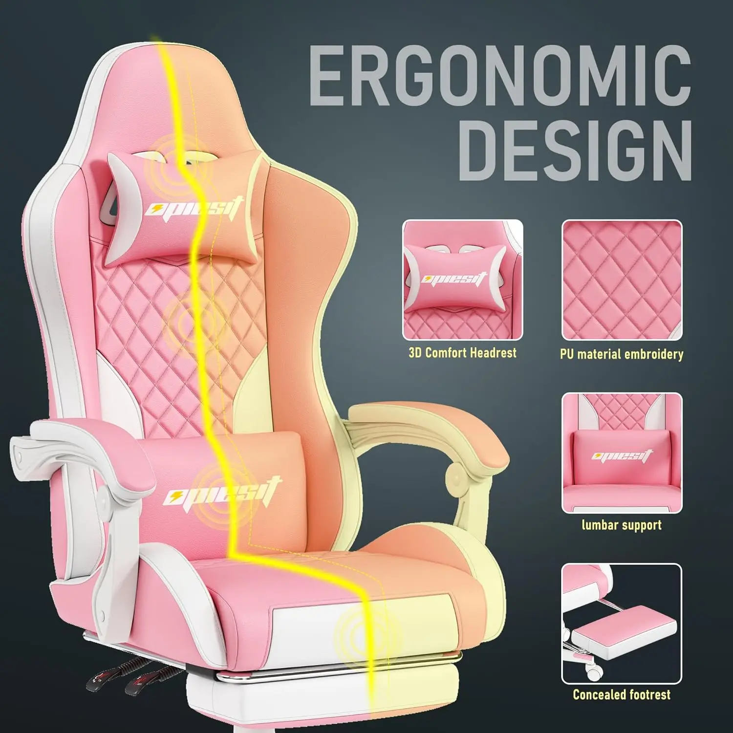 كرسي ألعاب، كراسي كمبيوتر مريحة للبالغين مع مسند للقدمين، كرسي مكتب من جلد البولي يوريثان مع دعم قطني قابل للتعديل وجيب