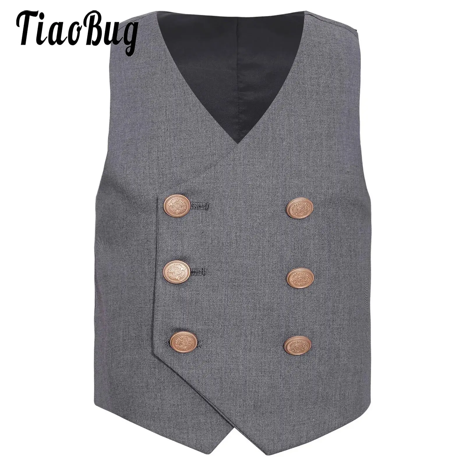 Kids Boys Double-Breasted Formal Waistcoat Suits School Uniform Sleeveless Vest for Graduation Wedding Party Family Photography