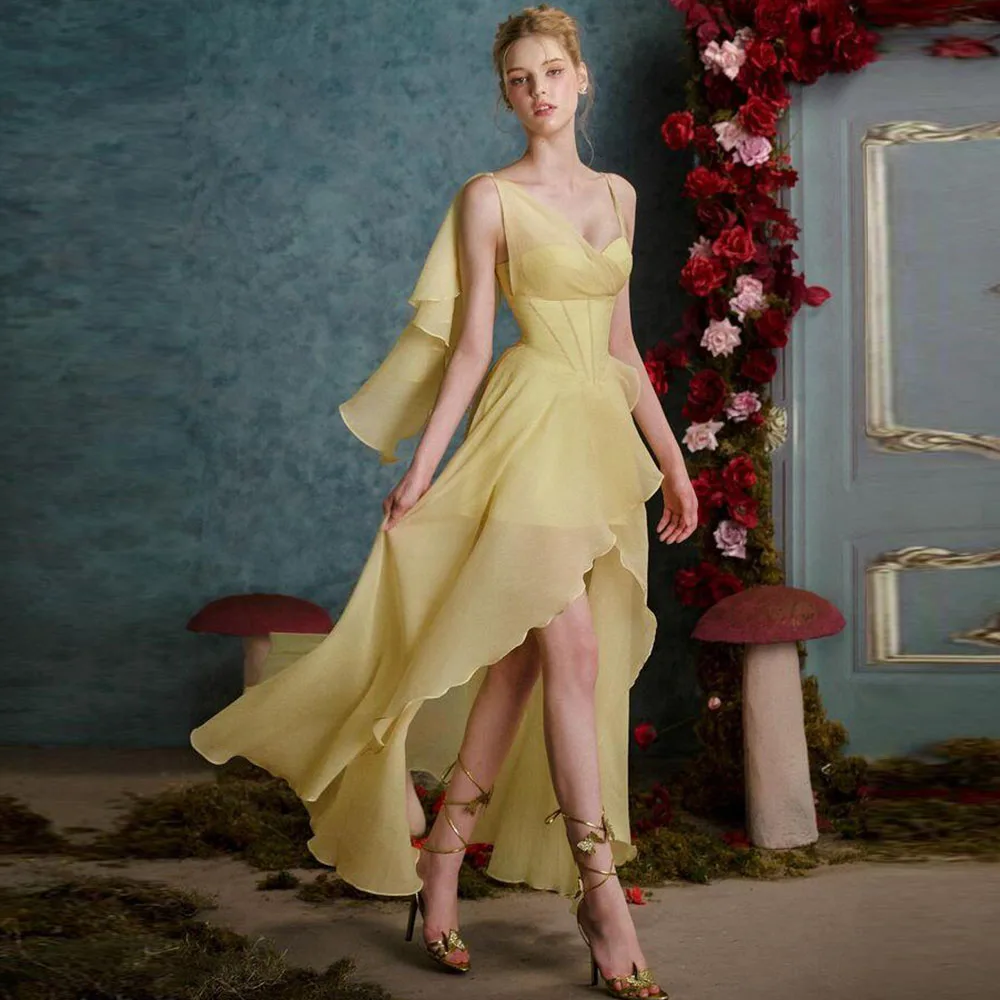 Robes de soirée de bal jaunes pour femmes, bretelles Spaghetti, sans manches, Banquet, célébrité, occasions spéciales, jolies et simples