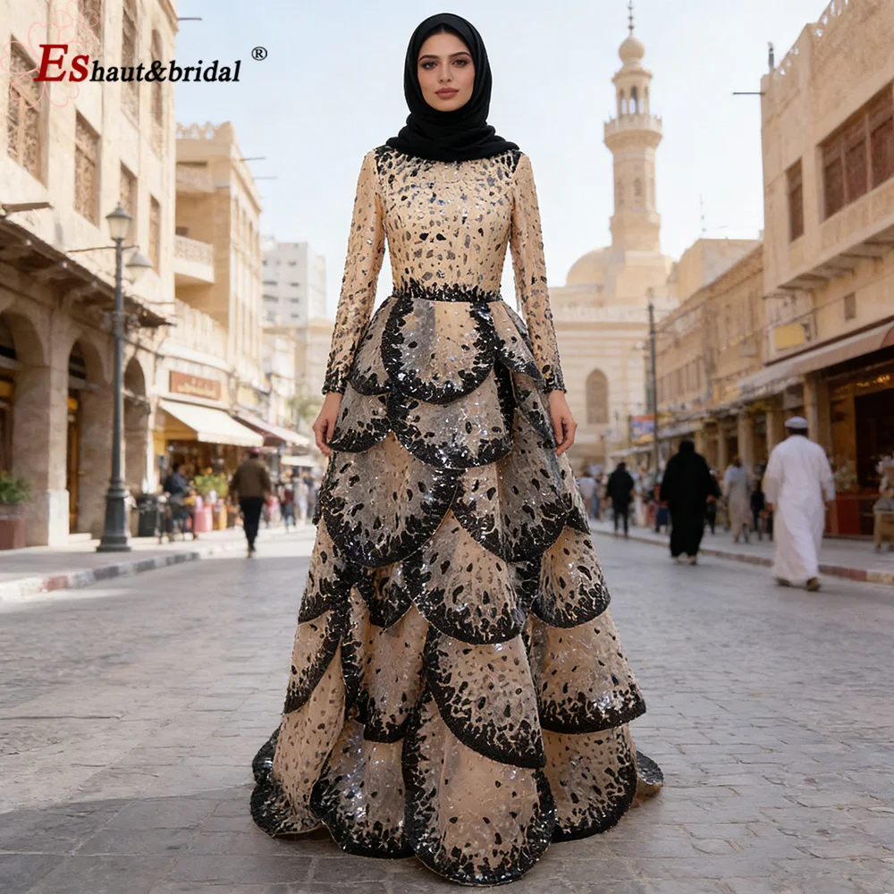 Luxuriöses Dubai-Aline-Abendkleid für Damen 2026, mit Pailletten, abgestufte Rüschen, elegant, lang, formell, für Abschlussball, Hochzeit, Party, individuell gestaltet