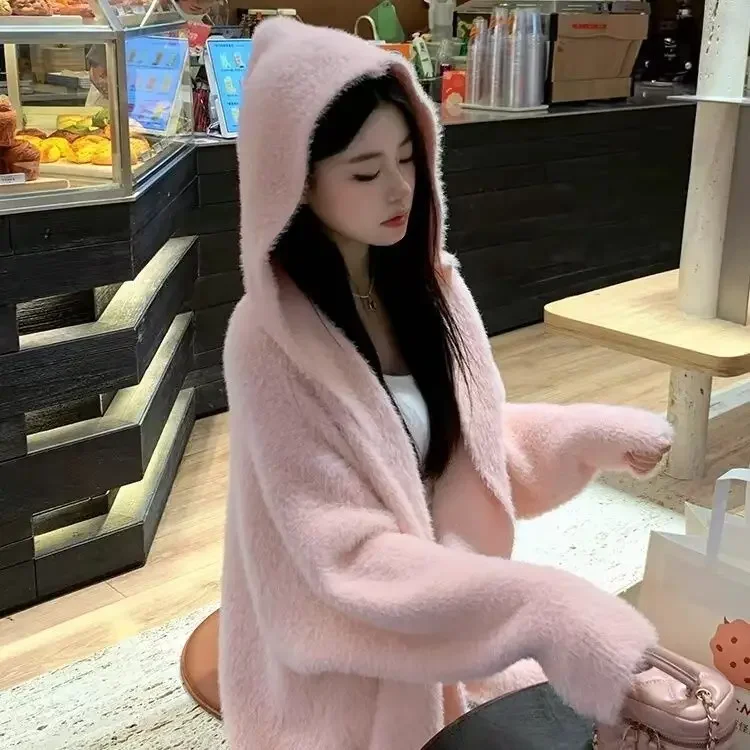 Gagaok Gentle Mink Fur Hooded Knitted Cardigan Women Autumn Winter Clothes Sweater Coat Outwear Korean Style Warm Jacket