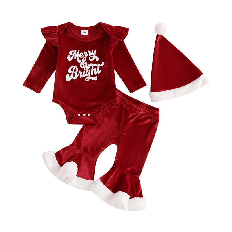 Baby Girl Christmas Velvet Outfit Letter Print Long Sleeve Romper with Flare Pants and Hat 3 Pcs Set