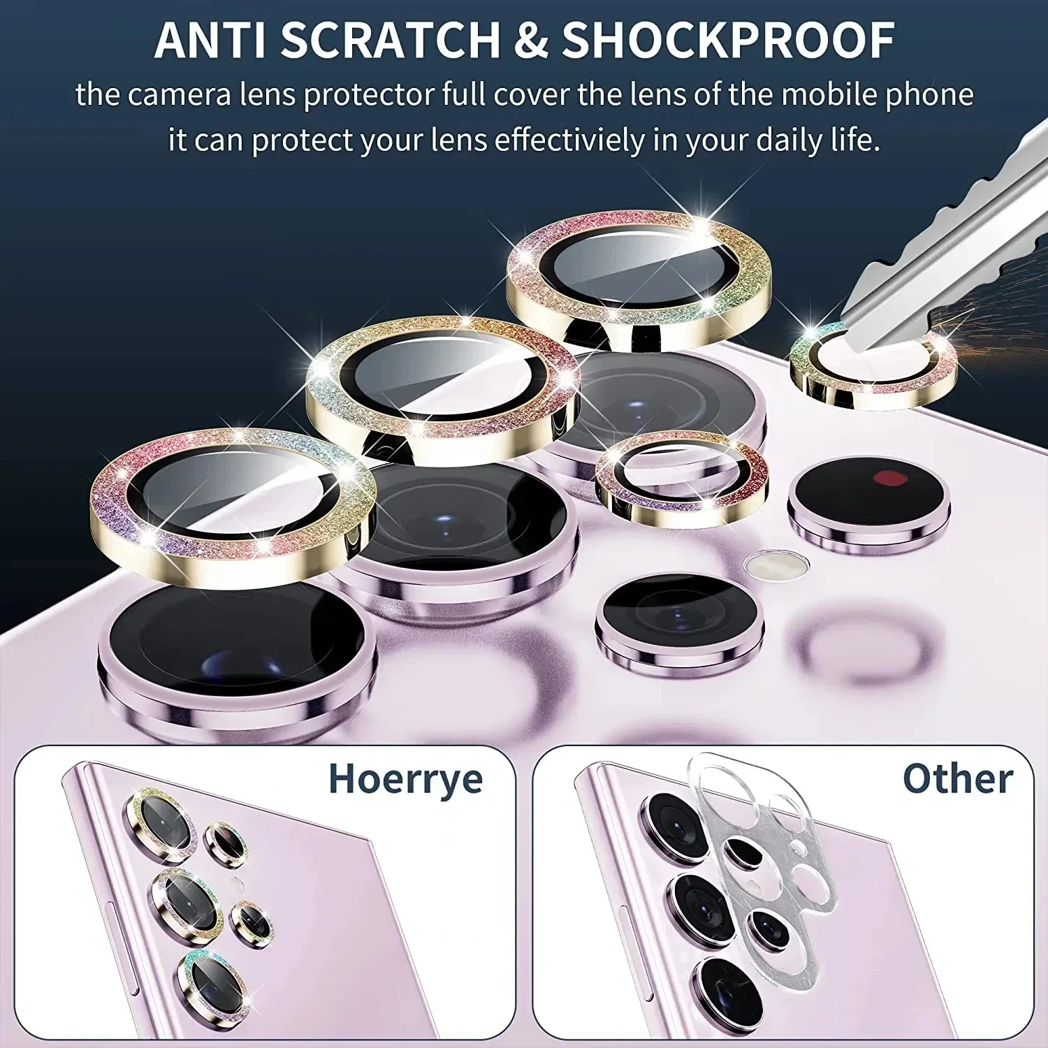 Vetro per obiettivo con glitter diamantati per Samsung Galaxy S25 Ultra Plus HD Protezione per fotocamera trasparente per Samsung S24 Plus Pellicola per obiettivo ad anello in metallo