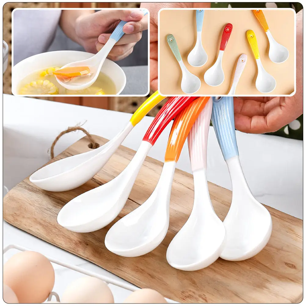 

6Pcs Ceramic Tableware Soup Spoons Set Smooth Safe Comfortable Handle Design Multi Use for Family Restaurants Hotels Porridge