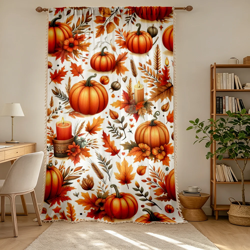 1PC Thanksgiving Fall Tassel Sheer Curtains, Pumpkin Maple Leaf Candle, Digital Print, Polyester, Bedroom Living Room Home Decor