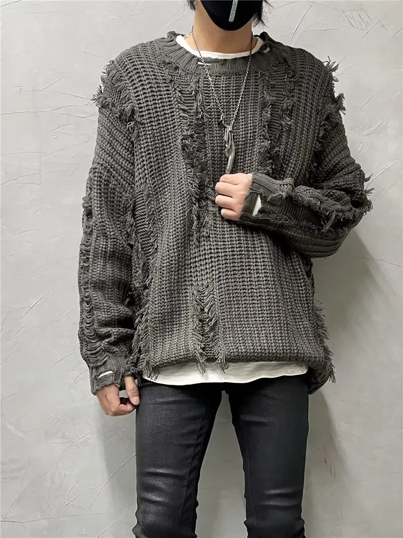 American Style Sweater Streetwear Trendy Unique Stitching Ripped Sweater Coat Designer Pullover Couple Casual y2k Top