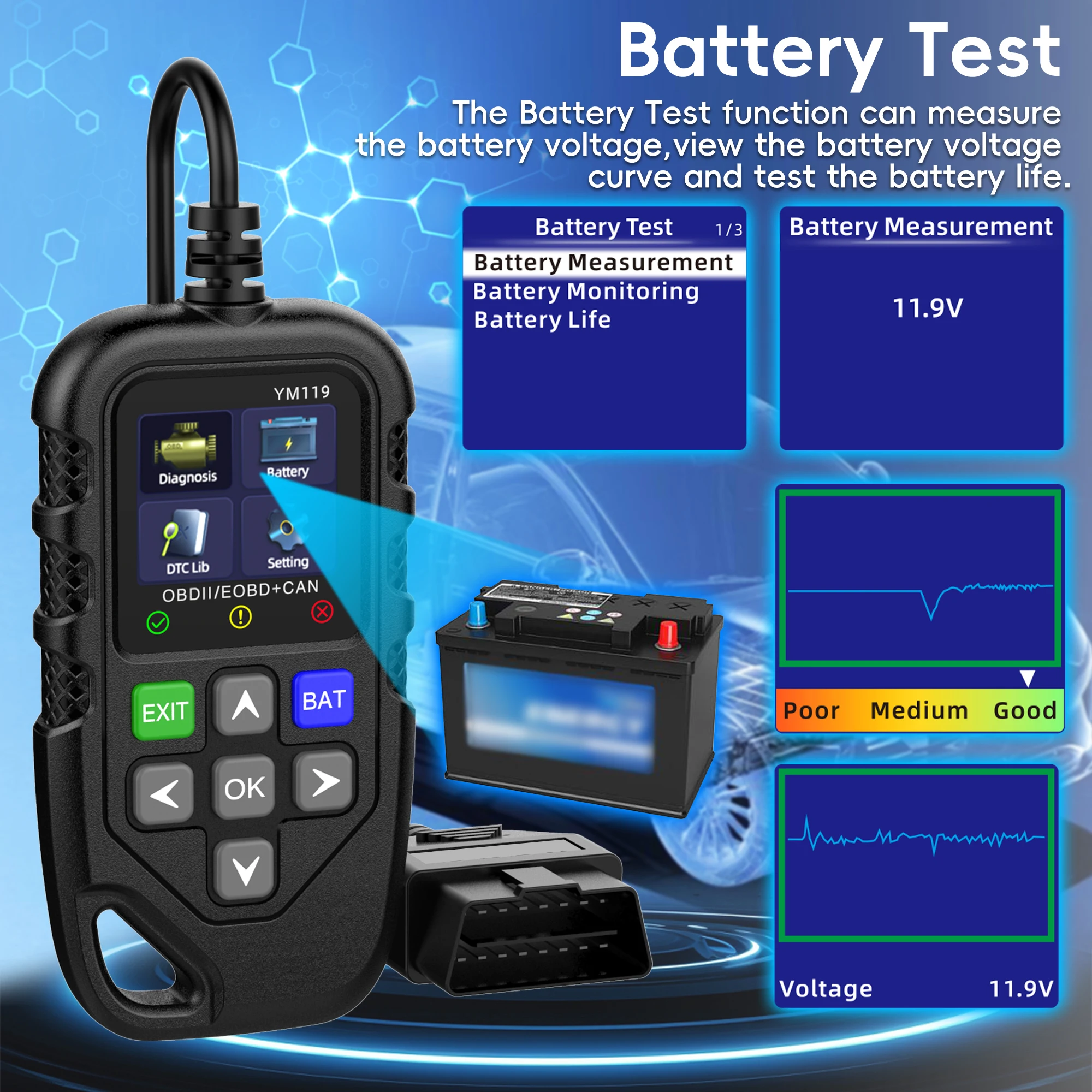 OBD2 Scanner with Battery Test,OBDII/EOBD Scanner Diagnostic Tool Car Code Reader CAN Scan Tool, Engine Fault Code Reader