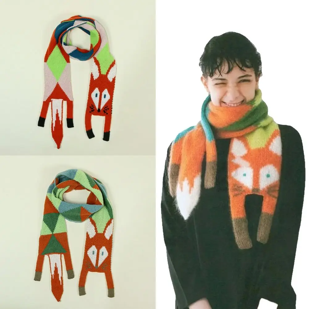 Autumn Winter Children\'s Cartoon Fox Knitted Scarf Baby Boys Girls Warm Women Shawl Kids Female Knitted Animal Women Scarf