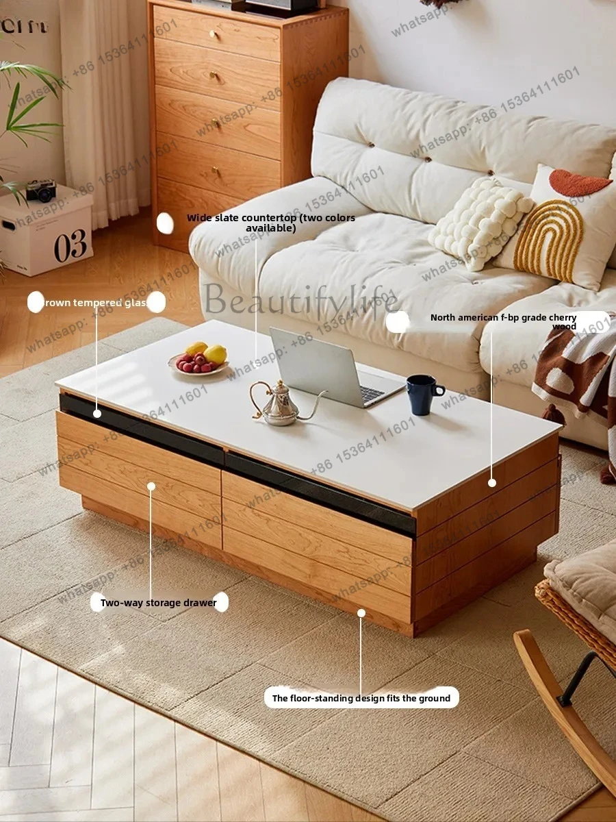 Living Room Solid Wood Floor Coffee Table Large Size Cherry Wood Household Rock Plate Table