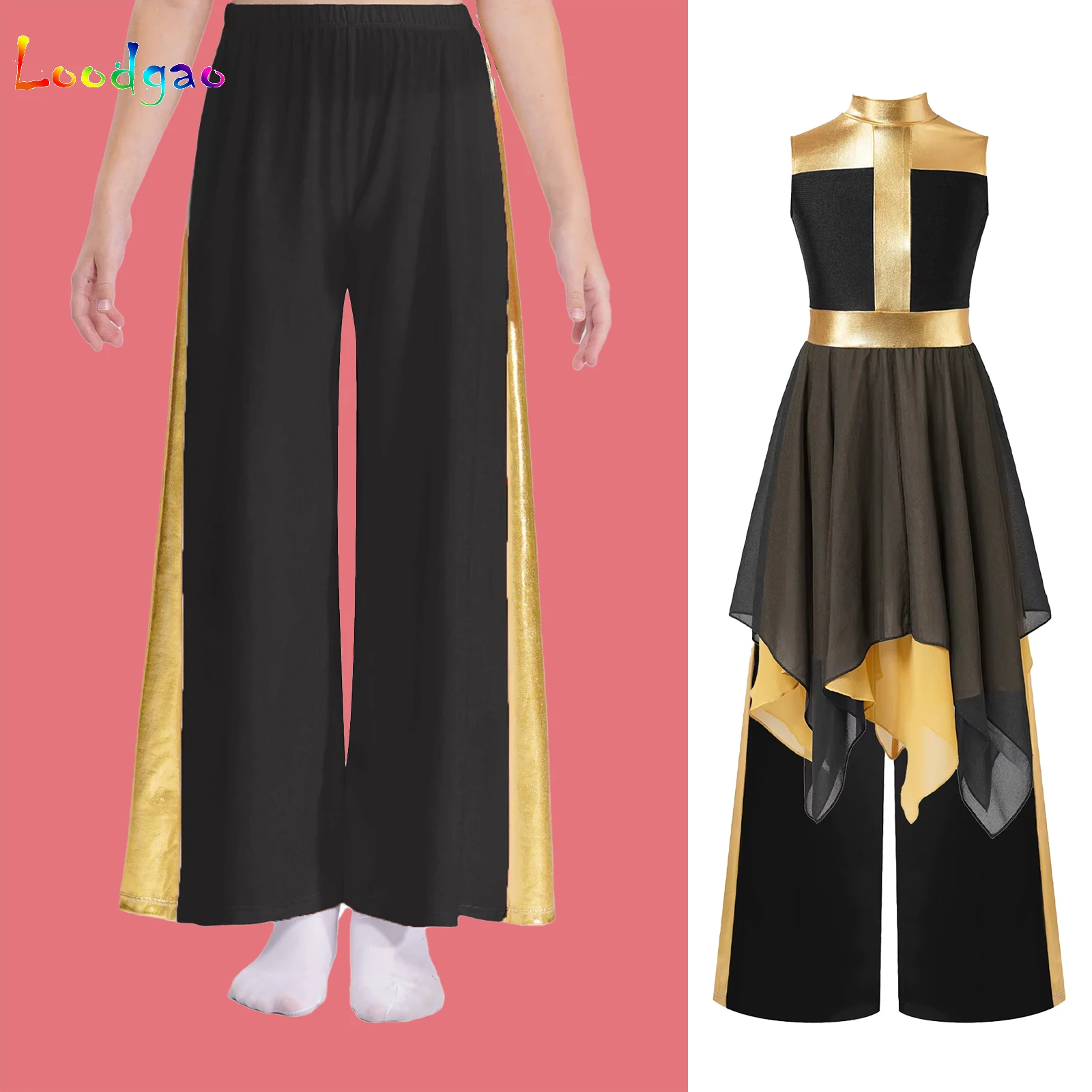 Girls Liturgical Praise Dance Set Lyrical Dress and Wide-Leg Pants Metallic Church Worship Dance Gown Robe Performance Dancewear
