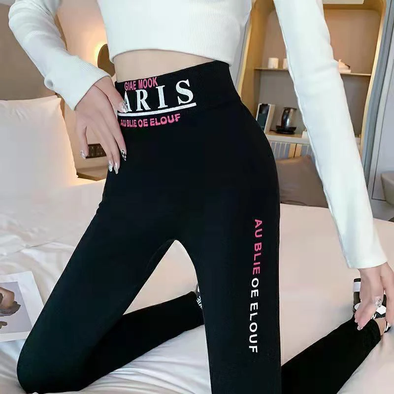 Streetwear High Spandex Leggings Women Sexy Slim Black Letter Print Empire Fashion Sport Yoga Pants Girls Fitness Tight Trousers